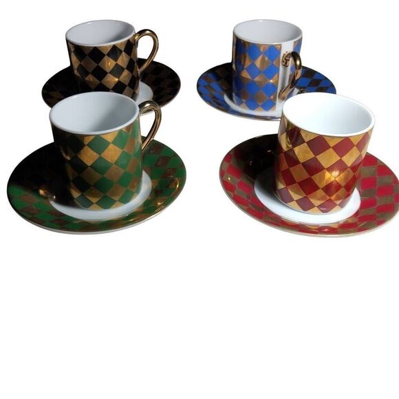 Neiman Marcus Japan Vintage Demitasse Espresso Cup & Saucer Set of 4 Gold Diamon - Picture 5 of 15